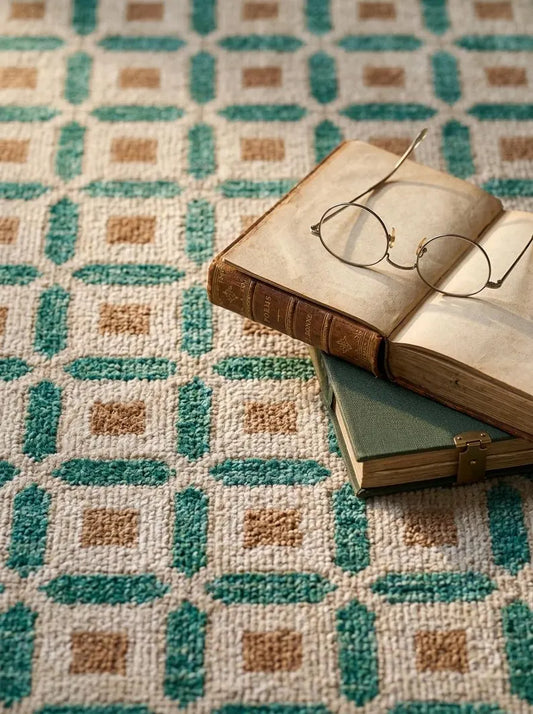 Teal Green & Cream Geometric Lattice Area Rug