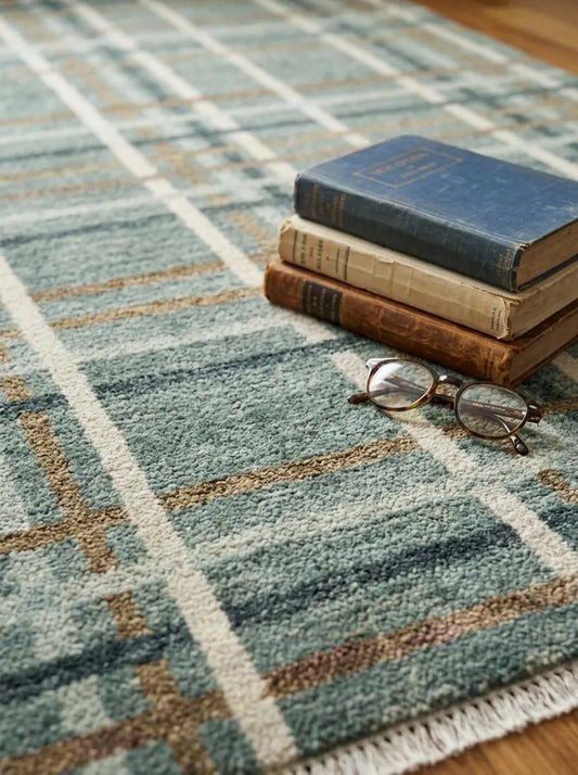 Muted Teal & Tan Plaid Grid Area Rug