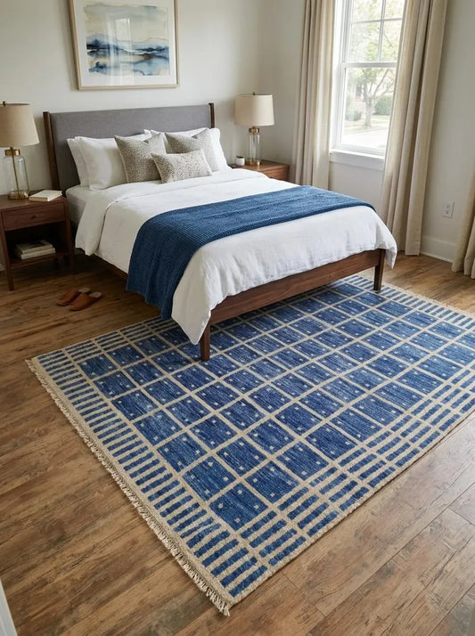 Navy Blue & Ivory Geometric Grid Area Rug