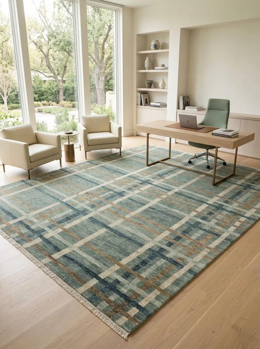 Muted Teal & Tan Plaid Grid Area Rug