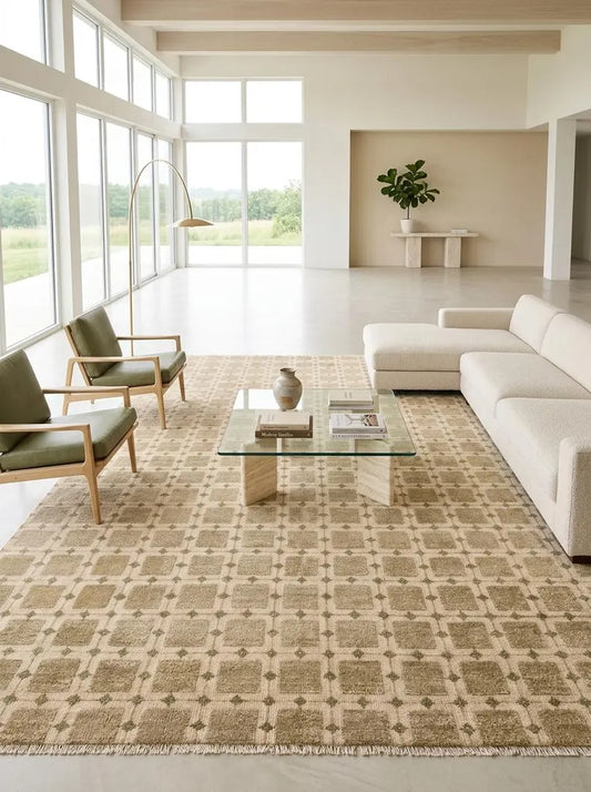 Beige & Warm Tan Geometric Grid Area Rug