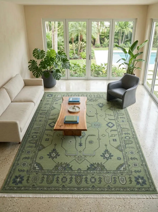 Olive Green & Sage Traditional Medallion Oushak Rug