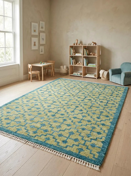 Sage Green & Teal Blue Geometric Area Rug