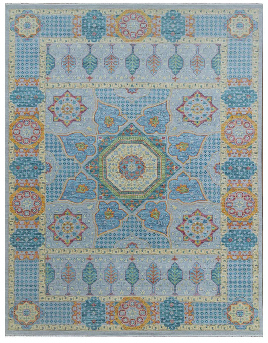 Light Blue & Gold Geometric Medallion Oushak Rug