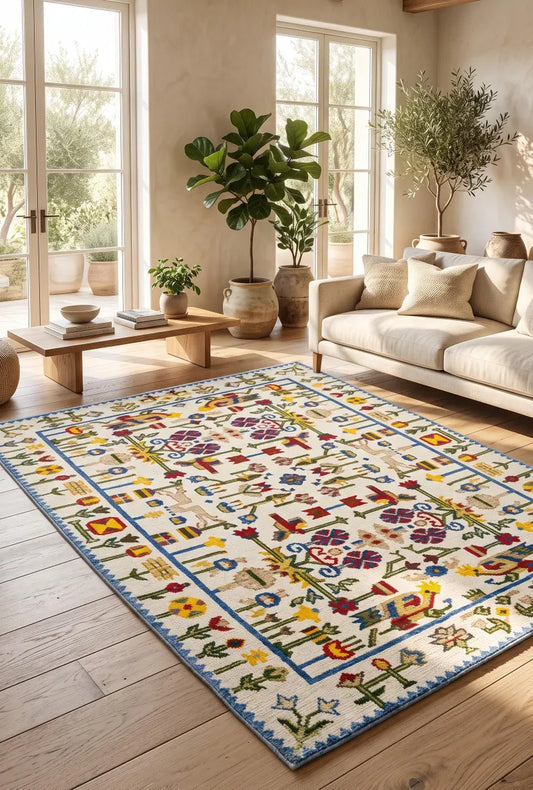 Ivory & Multi-Color Folk Botanical Area Rug