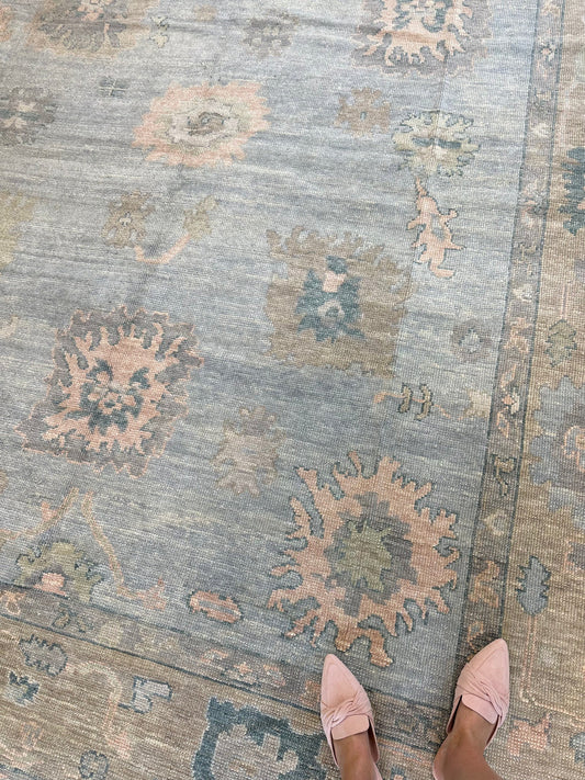 Muted Blue & Blush Peach Oushak Rug