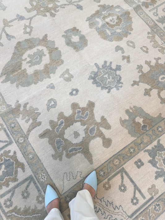 Muted Cream & Soft Blue Floral Oushak Rug
