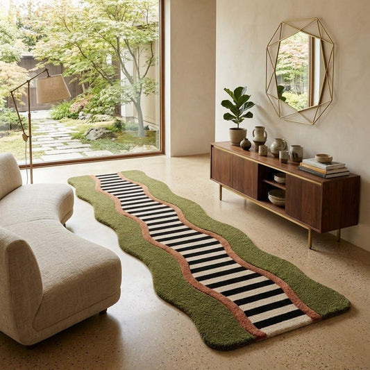 Olive green wavy hand tufted runner rug with black cream stripes and terracotta curved borders