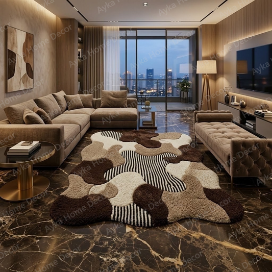 Irregular Organic Patchwork & Stripe Shaggy Rug
