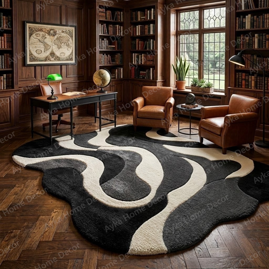 Monochrome Fluid Swirl Shaggy Rug