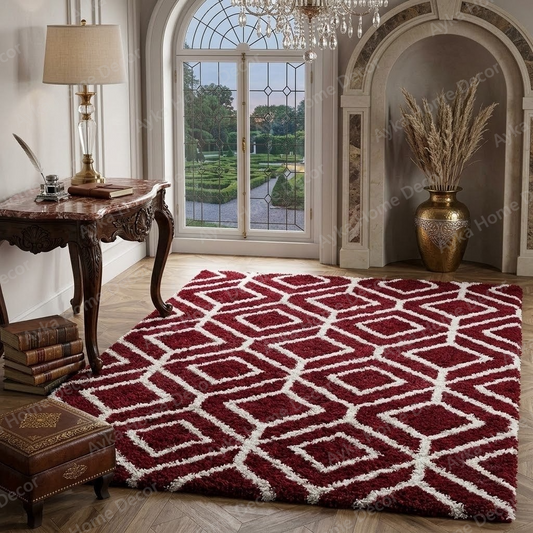 Crimson Geometric Trellis Shaggy Rug