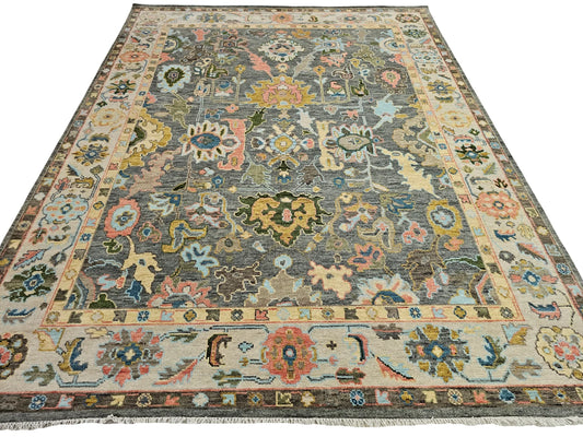 Dark Charcoal & Pastel Floral Oushak Rug