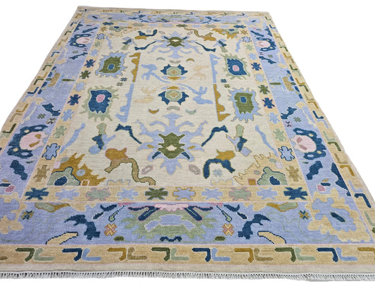 Ivory & Pastel Blue Medallion Oushak Rug