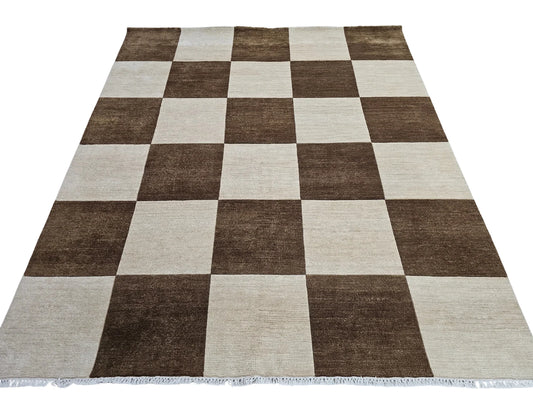 Brown & Off-White Checkerboard Wool Rug