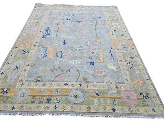 Soft Sky Blue & Sage Green Floral Oushak Rug