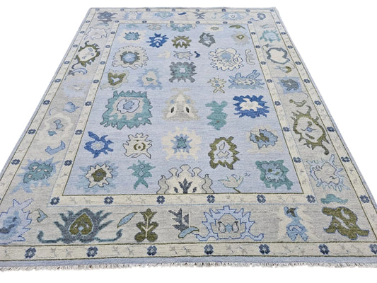Soft Ice Blue & Cream Floral Oushak Rug