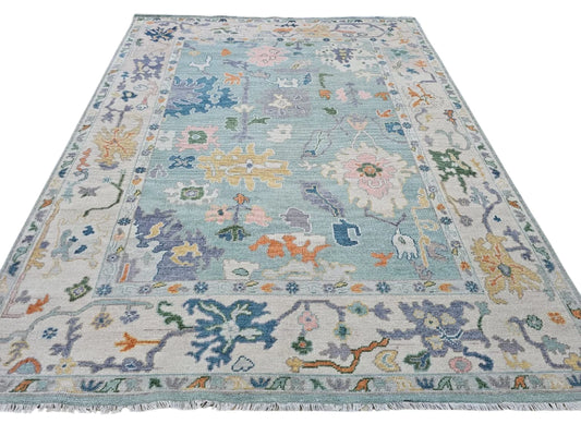 Soft Seafoam Blue & Pastel Floral Oushak Rug