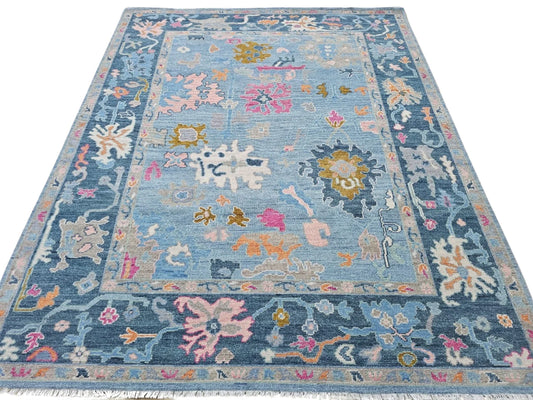 Ocean Blue & Pink Floral Oushak Rug