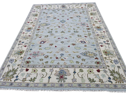 Soft Sky Blue & Cream Bordered Oushak Rug