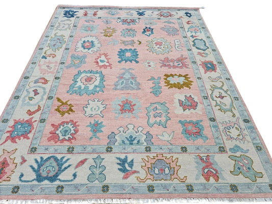 Soft Blush Pink & Sky Blue Oushak Rug