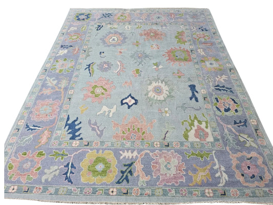 Soft Sky Blue & Pastel Floral Oushak Rug