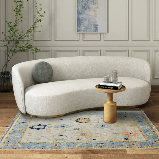 Ivory & Light Blue Bordered Tribal Oushak Rug