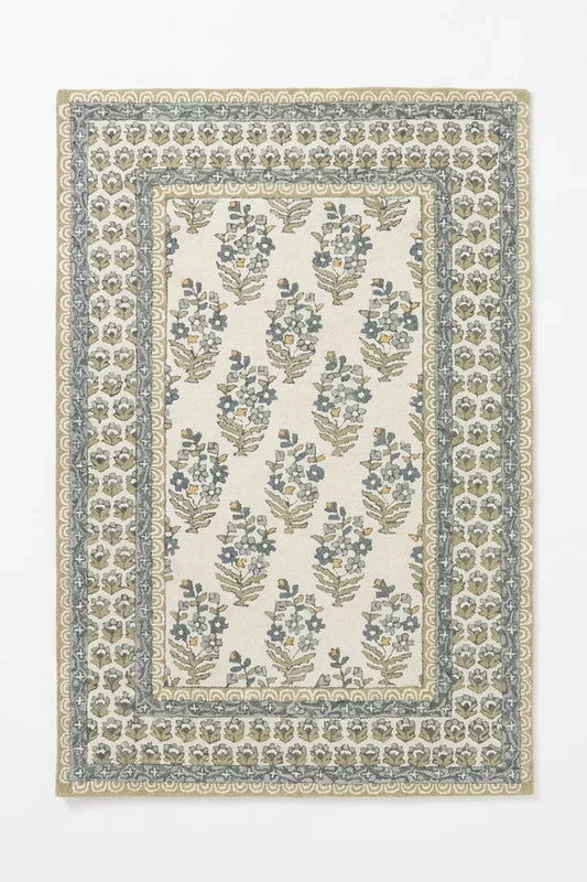 Slate Blue Floral Block Print Tufted Accent Rug