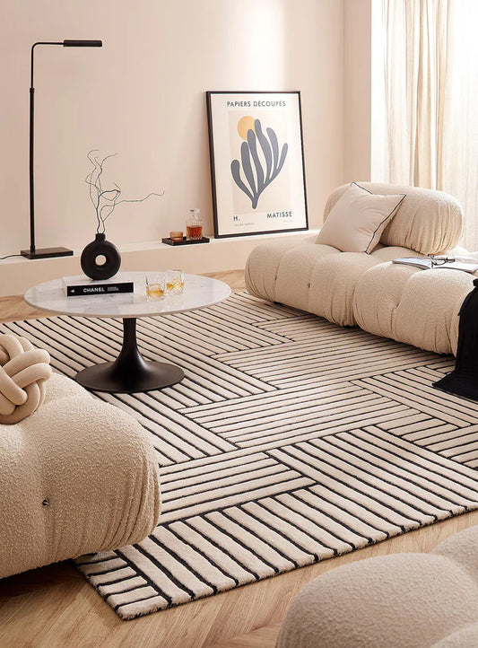 Contemporary Off-White Striped Grid Wool Rug