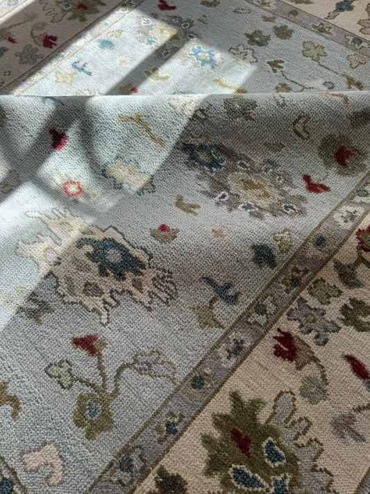Soft Sky Blue & Cream Bordered Oushak Rug