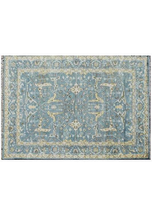 Muted Sky Blue & Cream Bordered Oushak Rug