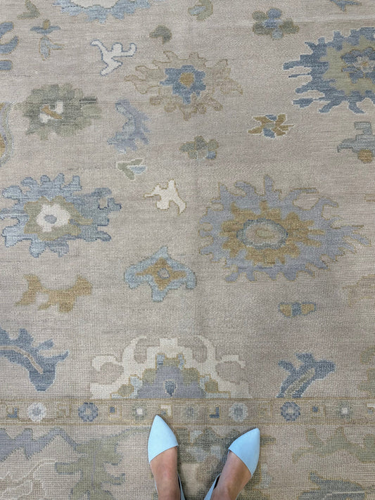 Warm Beige & Slate Blue Floral Oushak Rug