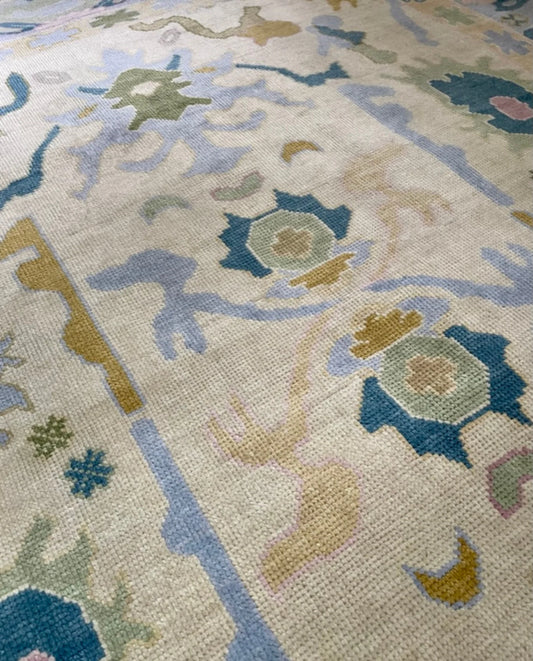 Ivory & Pastel Blue Medallion Oushak Rug
