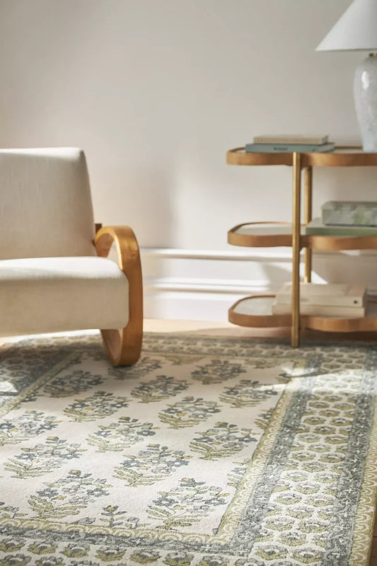 Slate Blue Floral Block Print Tufted Accent Rug