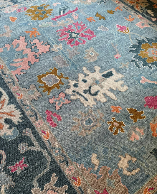 Ocean Blue & Pink Floral Oushak Rug