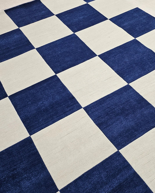 Cora Navy Blue & Cream Checkerboard Wool Rug