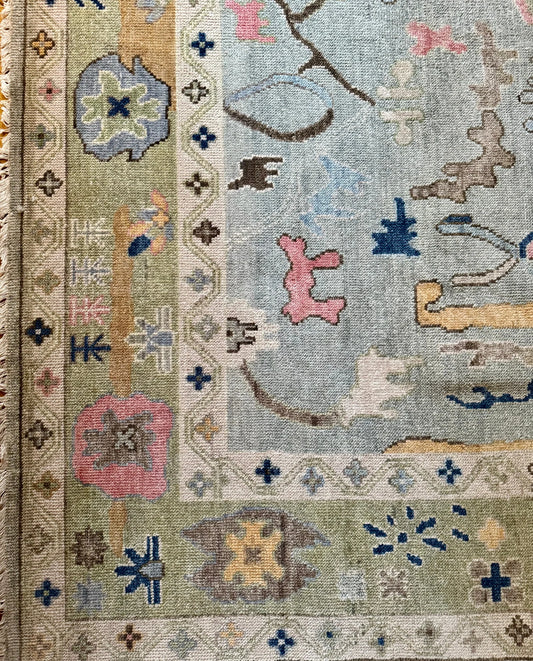 Soft Sky Blue & Sage Green Floral Oushak Rug