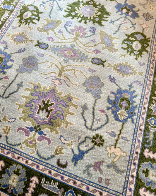 Cornelia Light Blue & Olive Green Floral Oushak Rug