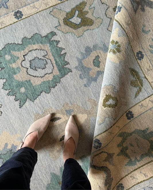 Soft Ice Blue & Cream Floral Oushak Rug