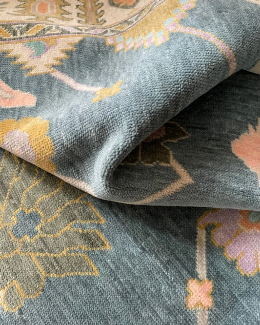 Tilda Teal Blue & Gold Lattice Oushak Rug