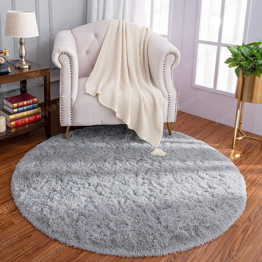 Contemporary Solid Grey Round Shaggy Rug