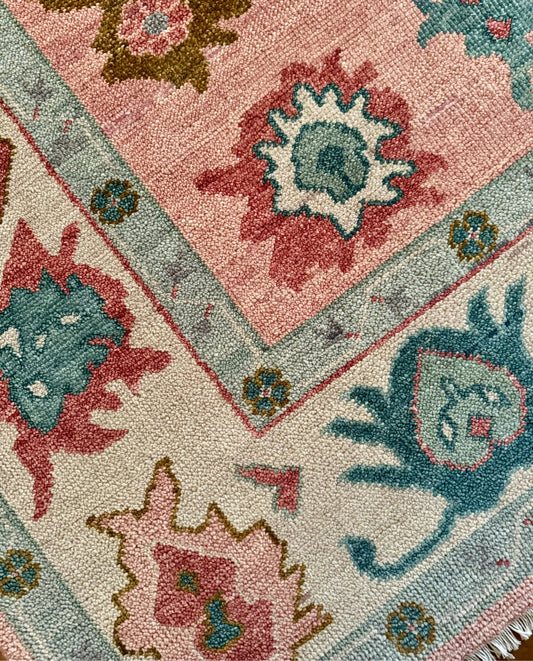 Soft Blush Pink & Sky Blue Oushak Rug