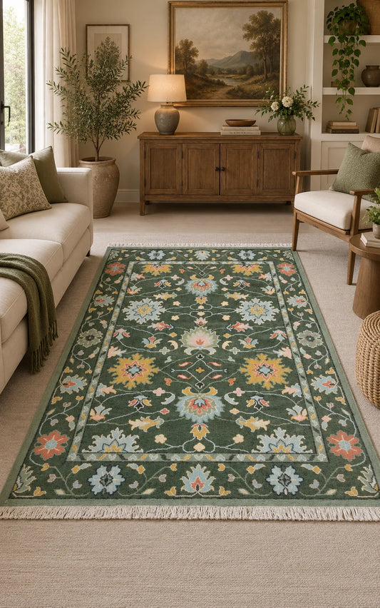 Forest Green & Gold Floral Oushak Rug
