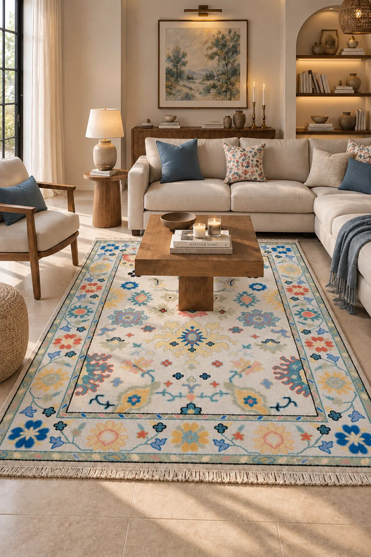 Ivory & Multicolor Floral Oushak Rug