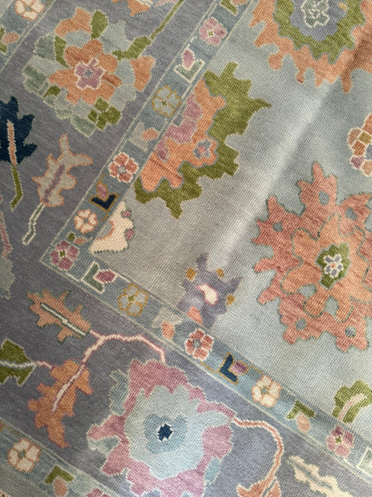Soft Sky Blue & Pastel Floral Oushak Rug