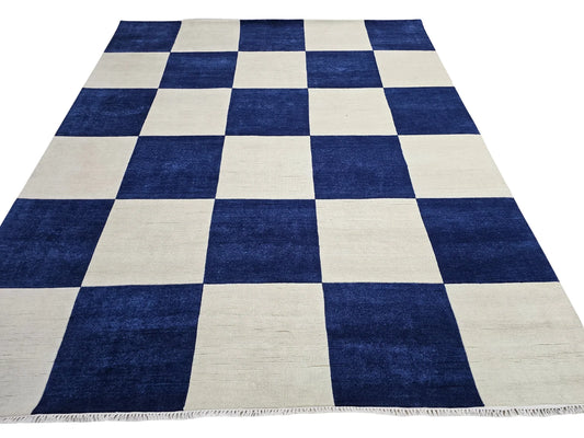 Cora Navy Blue & Cream Checkerboard Wool Rug