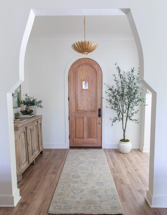 Warm Beige & Slate Blue Floral Oushak Rug