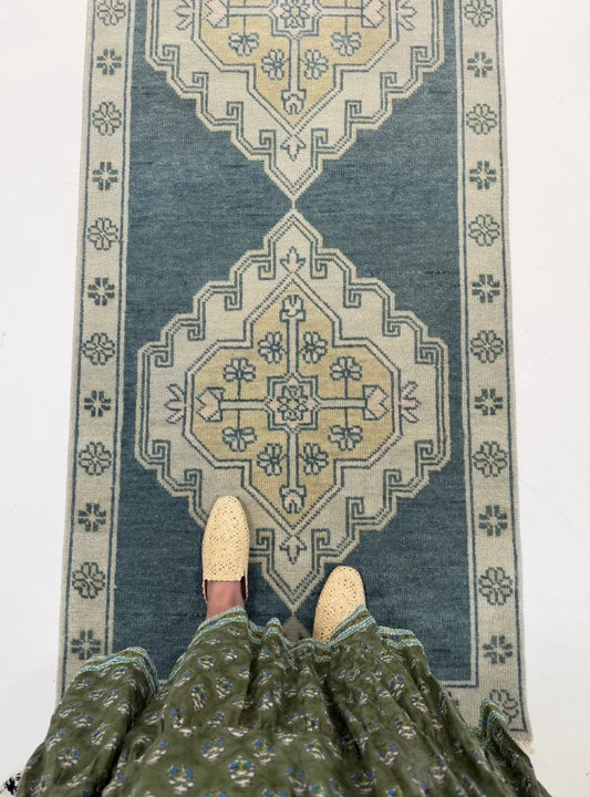 Slate Blue Geometric Turkish Oushak Rug