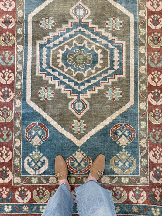 Terracotta & Slate Blue Medallion Oushak Rug