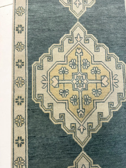 Slate Blue Geometric Turkish Oushak Rug
