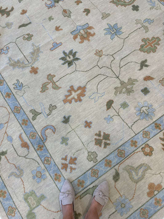 Cream & Sky Blue Handcrafted Oushak Rug